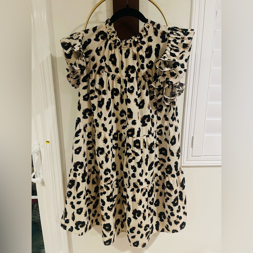 JODIFL Beige and Black Leopard Ruffle Tiered Dress